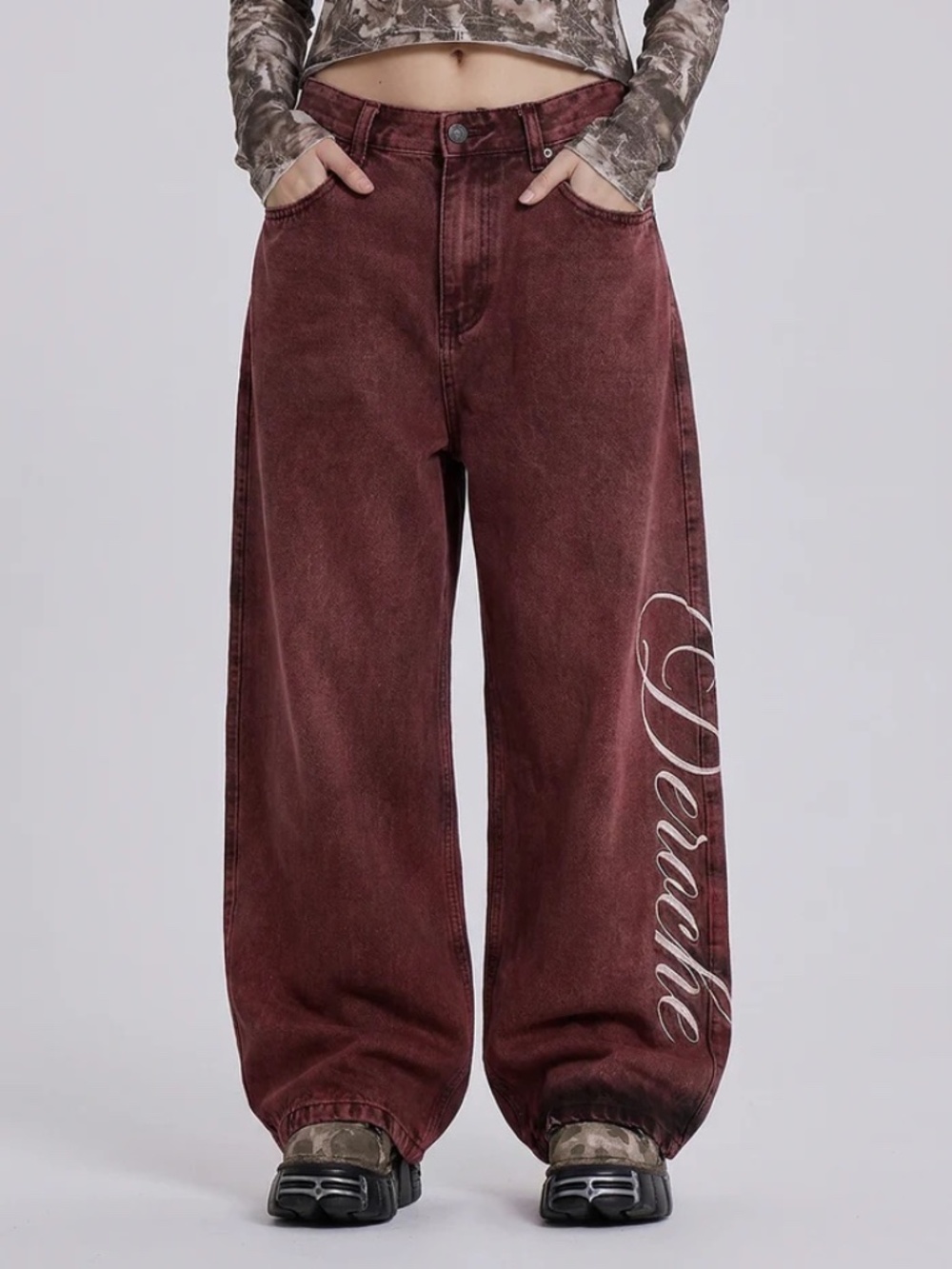 Y2K Washed Red Script Baggy Wide Leg Jeans L